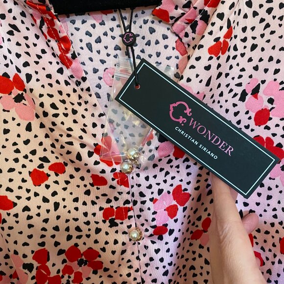 C Wonder 1X Washed Satin Puff Sleeve Tiered Dress Scattered Hearts Kiss Pink NWT - Picture 4 of 8